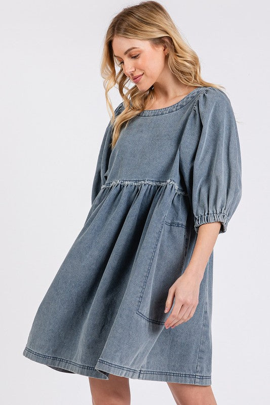 Washed Round Neck Puff Sleeve Denim Dress – Casual, Vintage-Inspired, Comfortable & Chic, Effortlessly Stylish, Classic Denim Dress