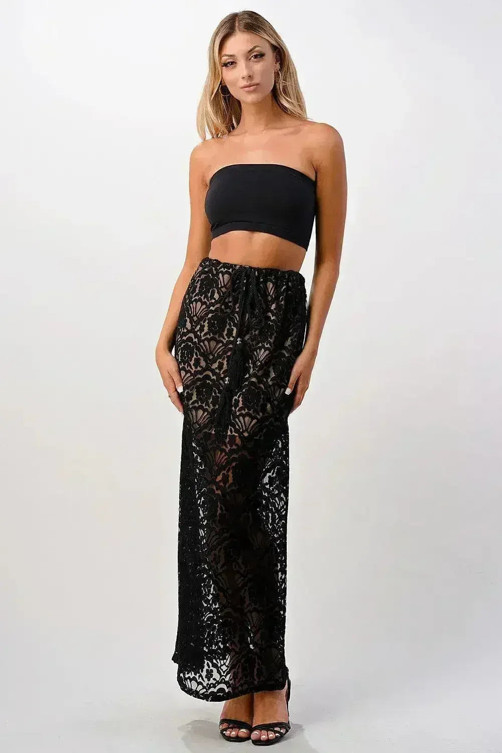 Sheer Lace Maxi Skirt - Drawstring Waist & Bow | Femstylo