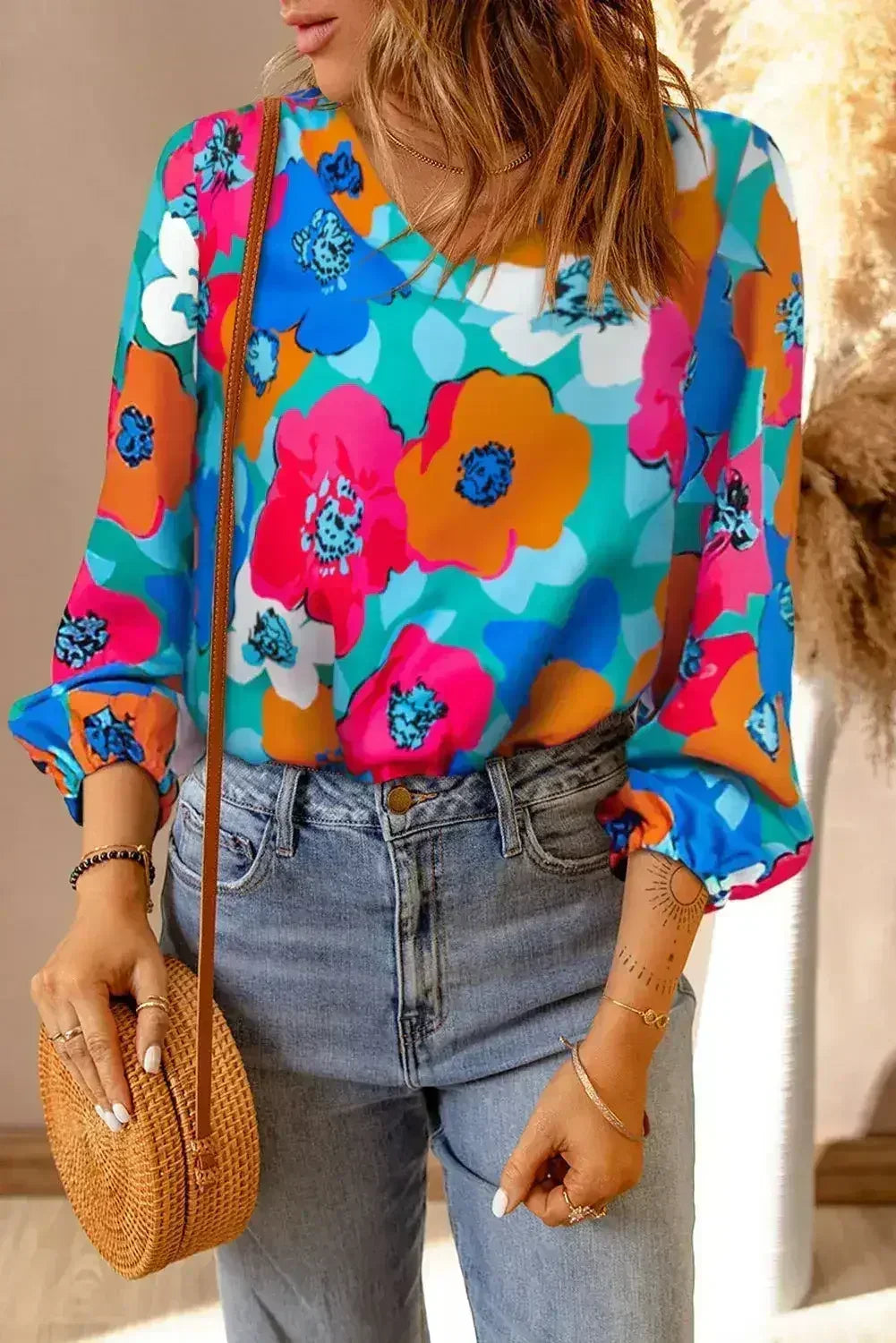 Floral V-Neck Blouse - 3/4 Sleeve Office Wear | Femstylo