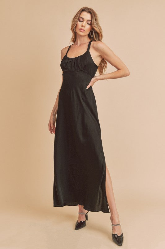Ruched Side Slit Cutout Back Maxi Cami Dress For Women – Elegant, Romantic & Alluring with Flattering Fit and Glamorous Details