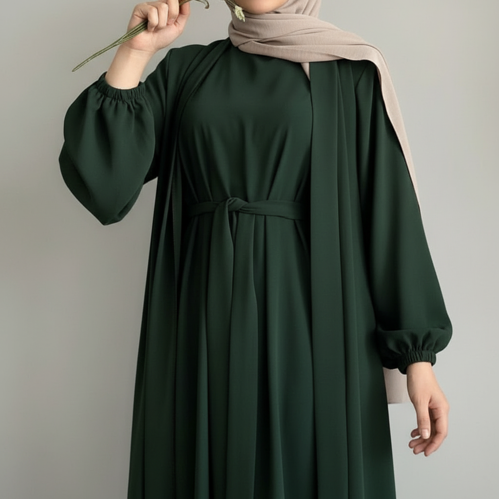 Solid Color Elegant Open Abaya with Pockets | 3-Piece Set Open Abaya (MOA092)
