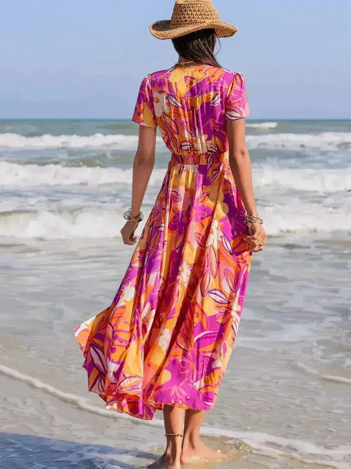 Printed V-Neck Midi Dress - Flowy Viscose Summer Dress | Femstylo