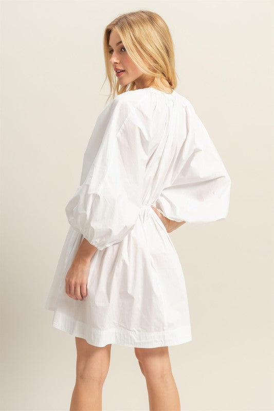 New Plunge Balloon Sleeve Poplin Mini Dress with Pockets For Summer Bold, Elegant, Sexy, Trendy, and Practical with Dramatic Balloon Sleeves and Plunging Neckline for a Fashion-Forward Look
