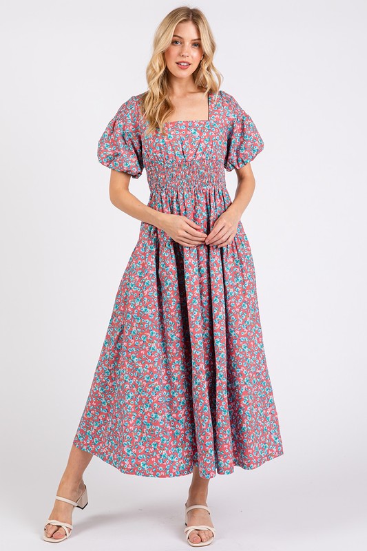New Summer Smocked Floral Square Neck Puff Sleeve Midi Dress – Vintage-Inspired, Feminine, Trendy, Romantic, and Flattering Fit