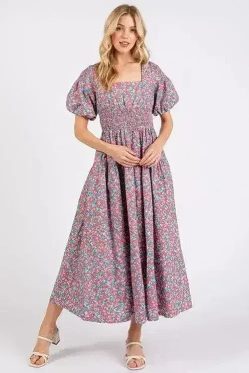 Smocked Floral Square Neck Puff Sleeve Midi Dress - Femstylo