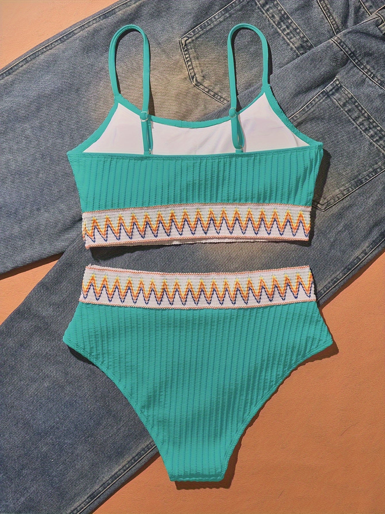 Bikini Scoop Neck High Waist 2 Piece Swimsuit for Women – Chic Solid Color Bikini Set with Contrast Band Detail – Stretchy Comfortable Flattering Swimwear for Beach Pool and Summer Vacation