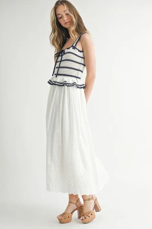 Crochet Stripe Knit Eyelet Mix Midi Dress – Crochet Midi Dress, Stripe Knit Dress, Eyelet Mix Dress, Trendy Midi Dress, Versatile Midi Dress