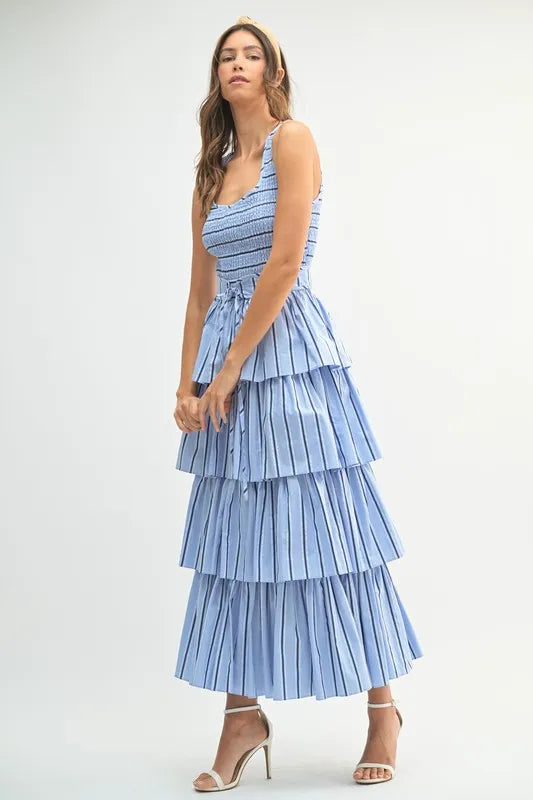 Pin Stripe Smocked Bodice Layered Midi Dress – Smocked Bodice Dress, Fluttering Pinstripe Midi Dress, Layered Midi Dress, Trendy Midi Dress, Flattering Pinstripe Dress