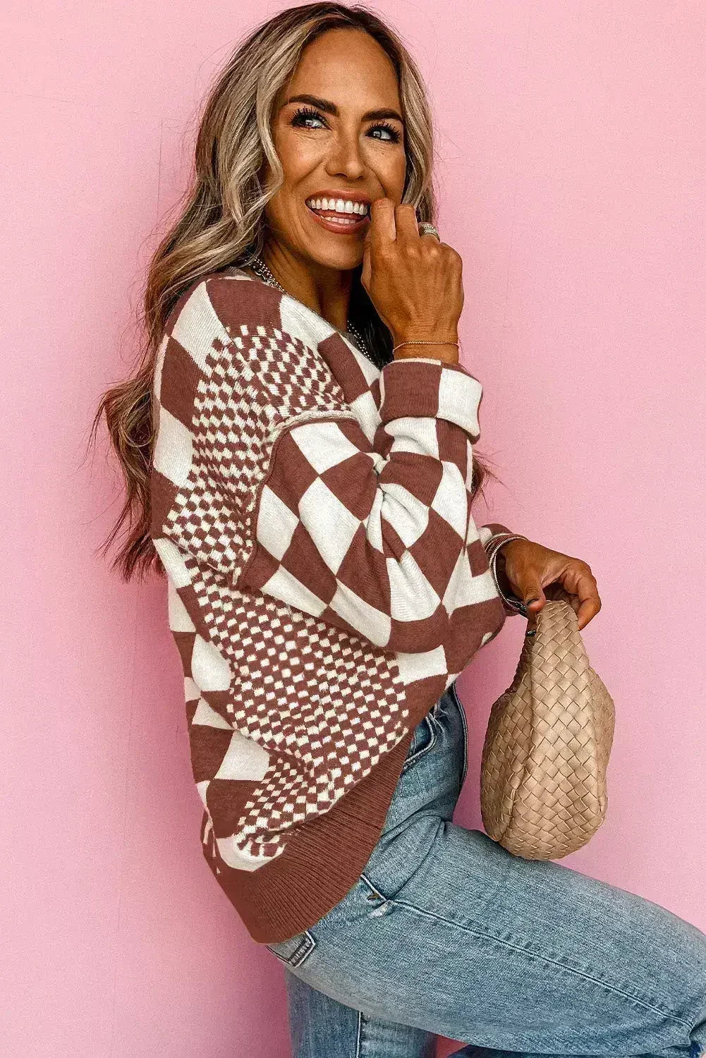 Brown Checkered Print Drop Shoulder Round Neck Sweater