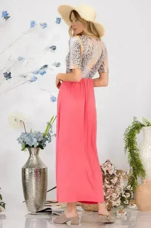 Celeste Full Size Leopard Round Neck Short Sleeve Maxi Dress Plus Size