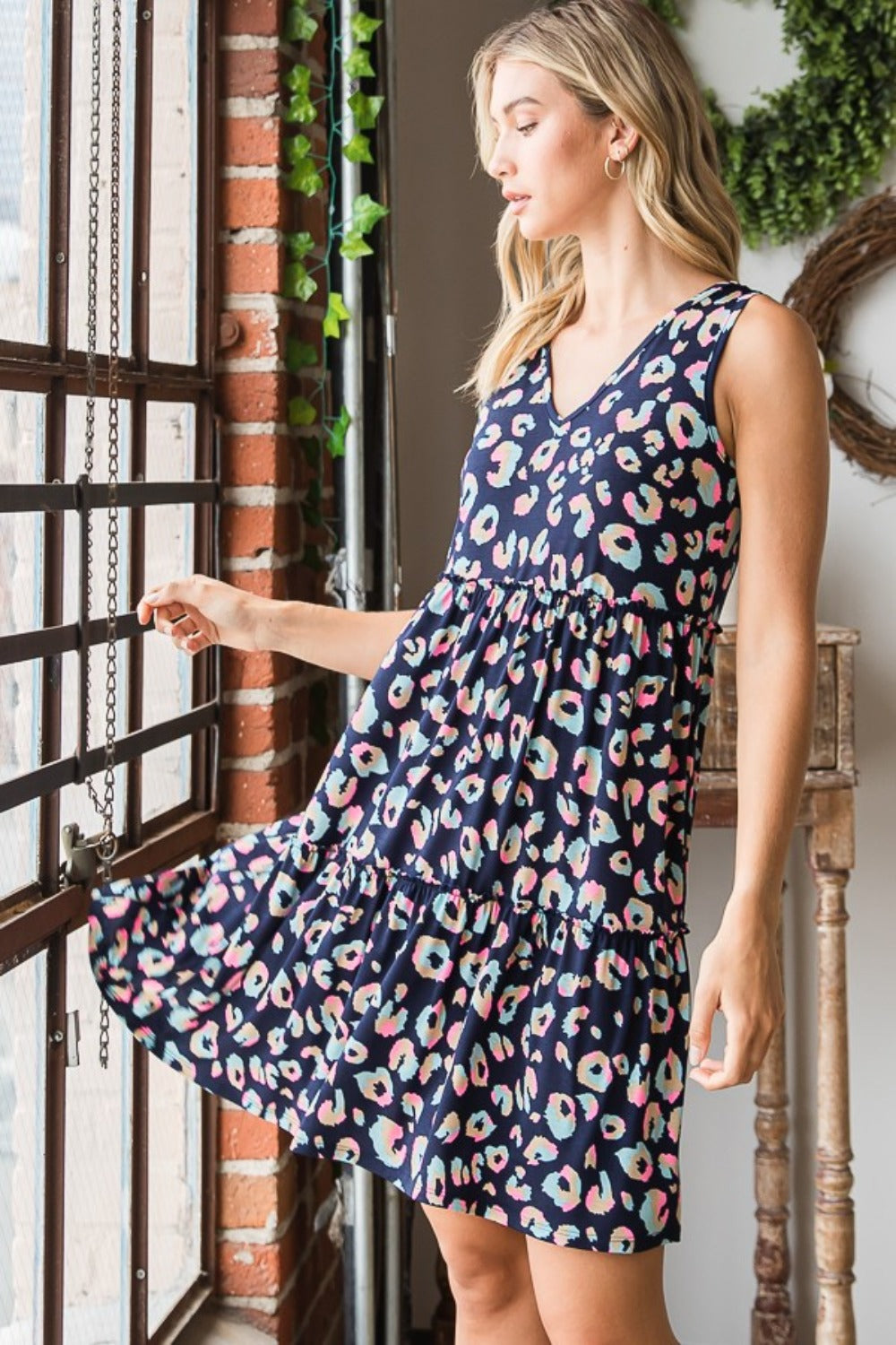 Full Size Leopard V-Neck Ruffled Tank Dress – Leopard Tank Dress, V-Neck Ruffled Dress, Animal Print Dress, Leopard Print Dress, Ruffled Tank Dress, Bold V-Neck Dress, Casual & Formal Dress
