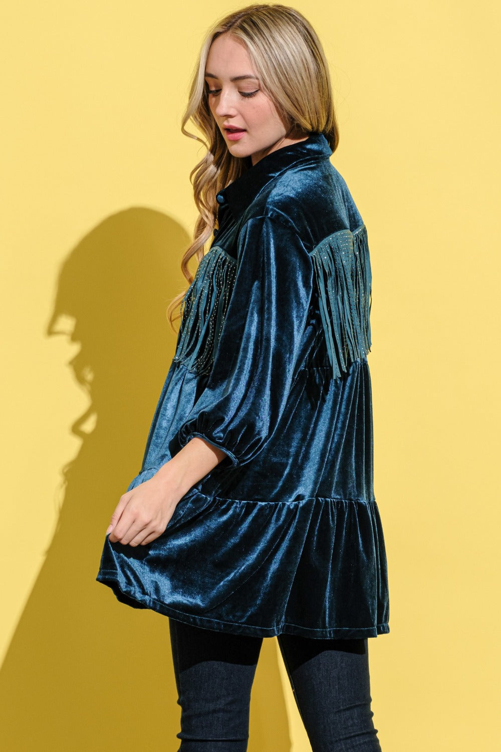 Fringe Detailed Velvet Shirt Dress – Velvet Shirt Dress, Fringe Detail Dress, Luxurious Shirt Dress, Elegant Velvet Dress, Playful Fringe Dress