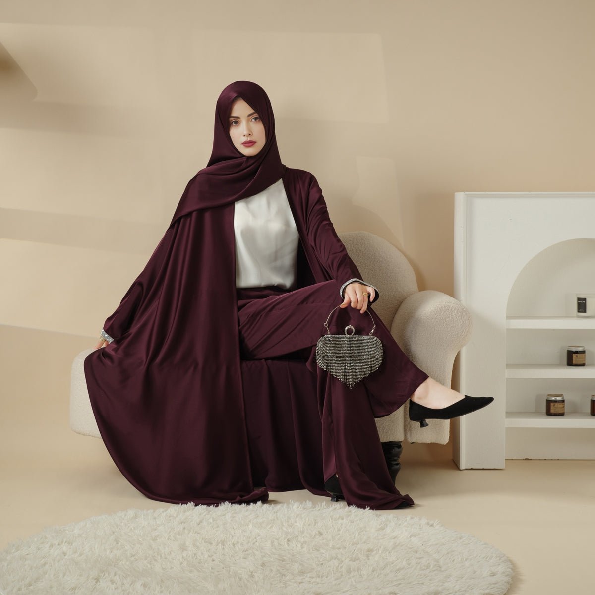 Abaya With Satin Shirt And Rhinestone Trousers | 4-Piece Set Abaya (MOA060)