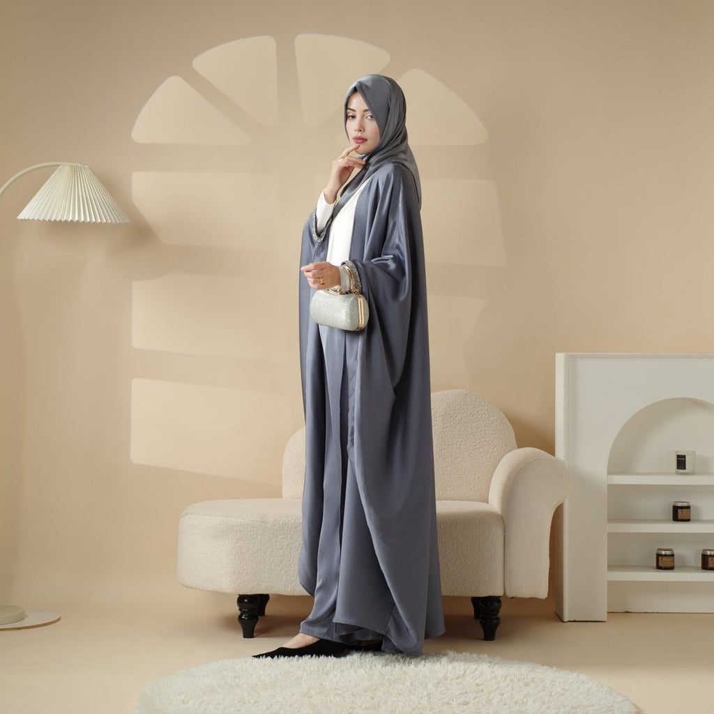 Abaya With Satin Shirt And Rhinestone Trousers | 4-Piece Set Abaya (MOA060)