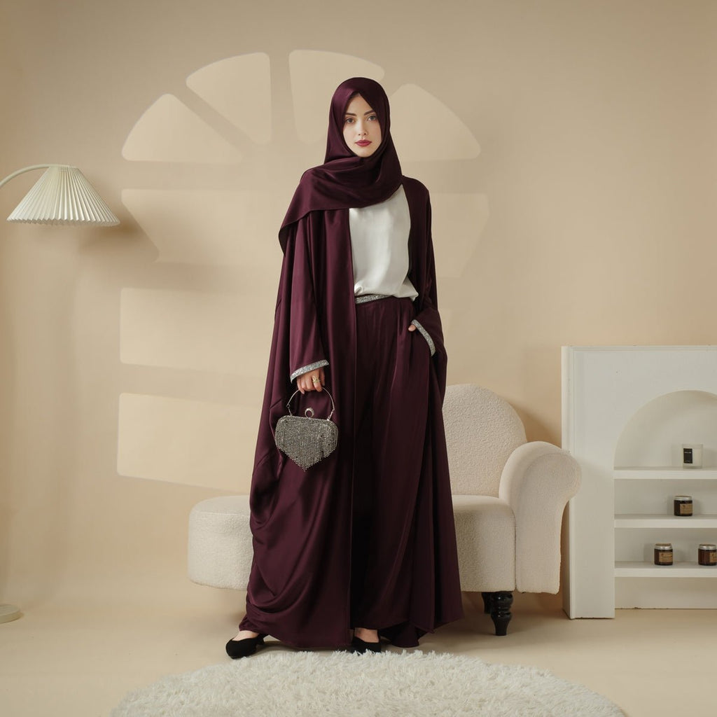 Abaya With Satin Shirt And Rhinestone Trousers | 4-Piece Set Abaya (MOA060)