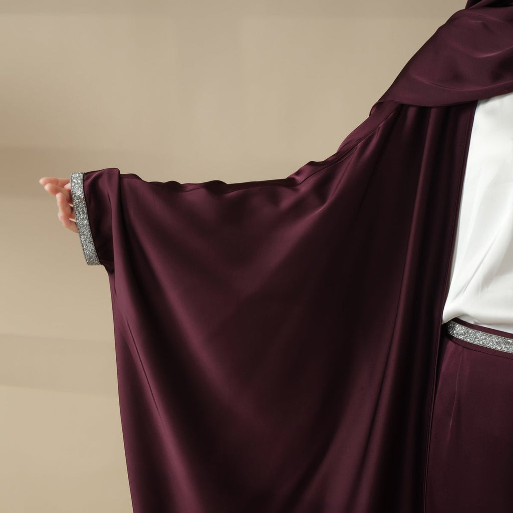 Abaya With Satin Shirt And Rhinestone Trousers | 4-Piece Set Abaya (MOA060)