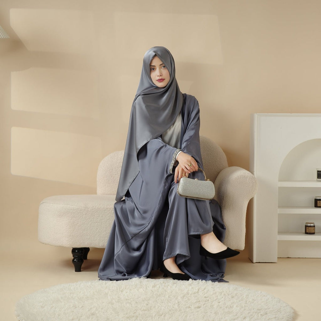 Abaya With Satin Shirt And Rhinestone Trousers | 4-Piece Set Abaya (MOA060)