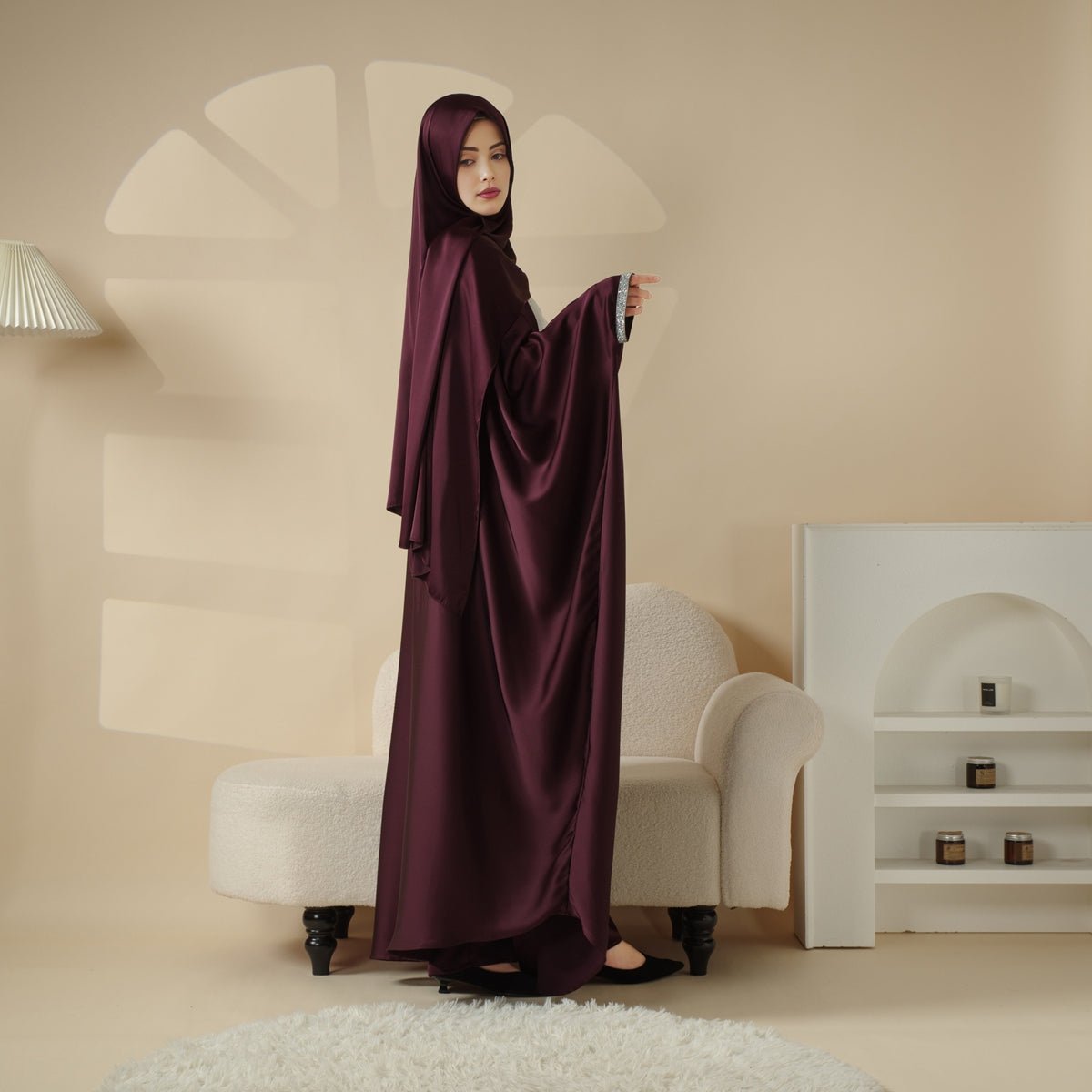 Abaya With Satin Shirt And Rhinestone Trousers | 4-Piece Set Abaya (MOA060)