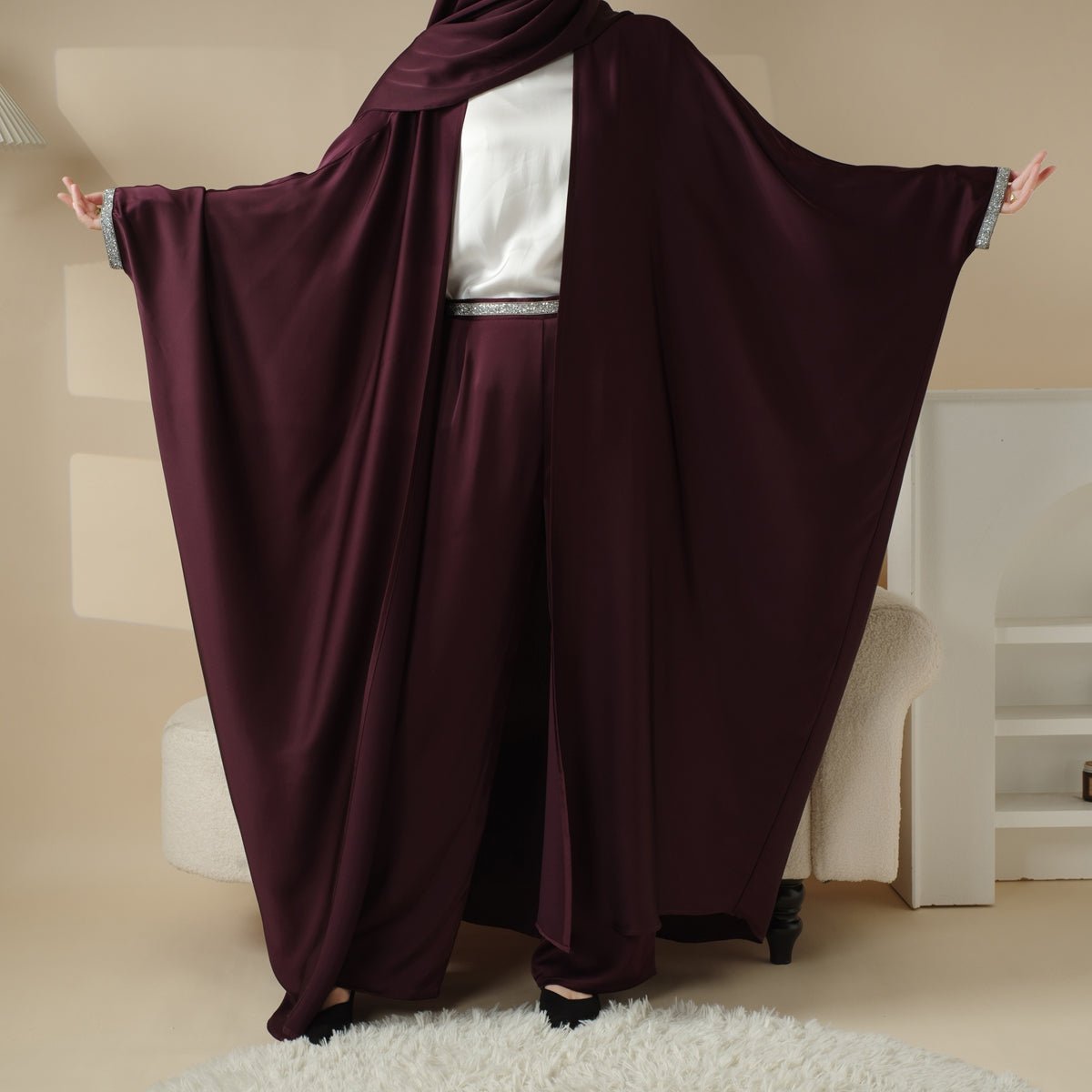 Abaya With Satin Shirt And Rhinestone Trousers | 4-Piece Set Abaya (MOA060)