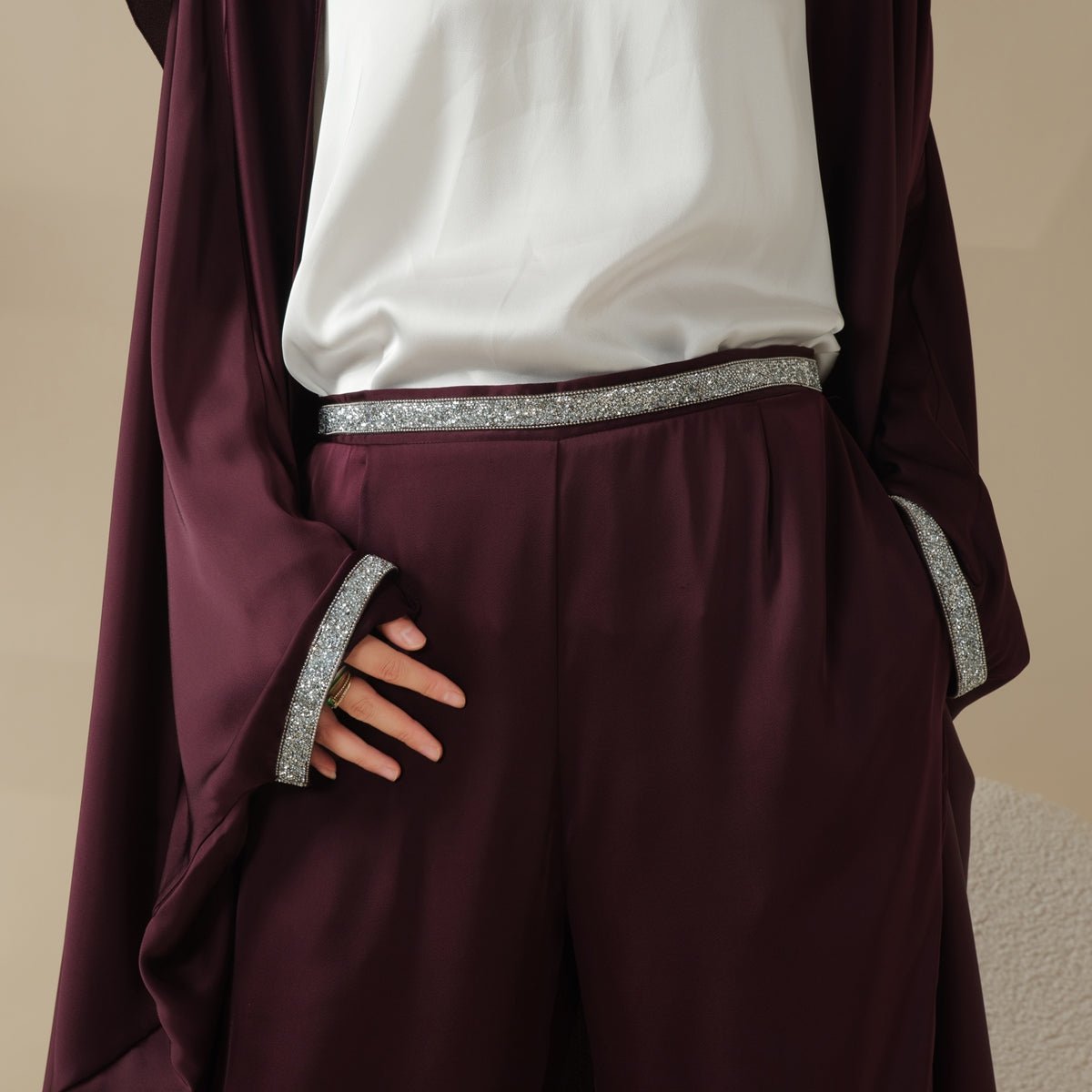 Abaya With Satin Shirt And Rhinestone Trousers | 4-Piece Set Abaya (MOA060)