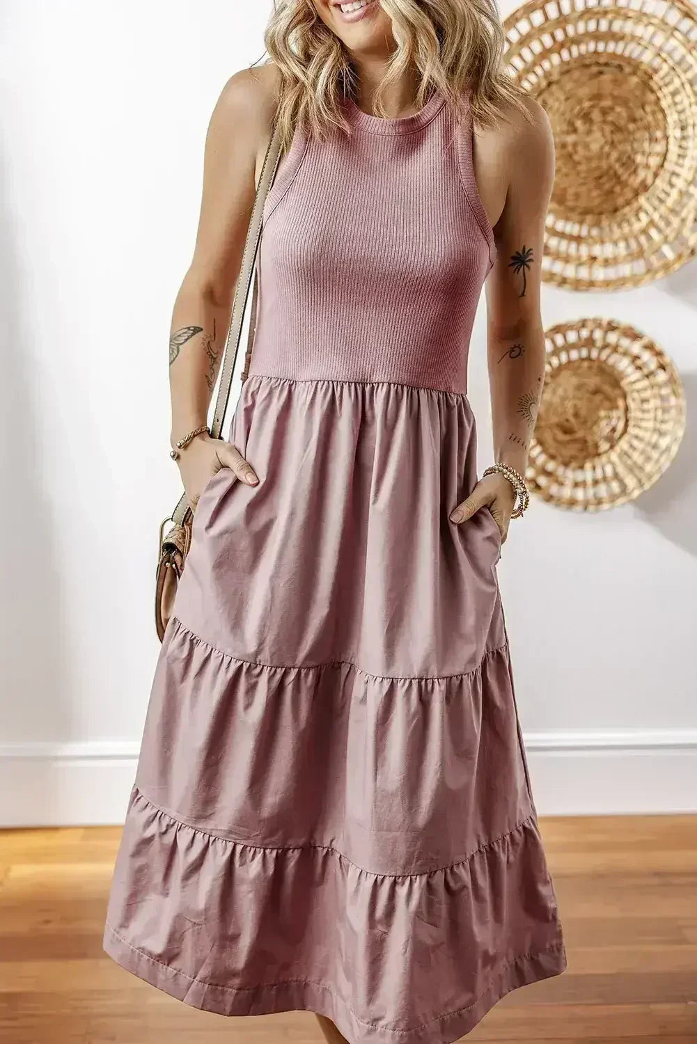 Sepia Rose Ribbed Vest Patchwork Tiered Midi Dress