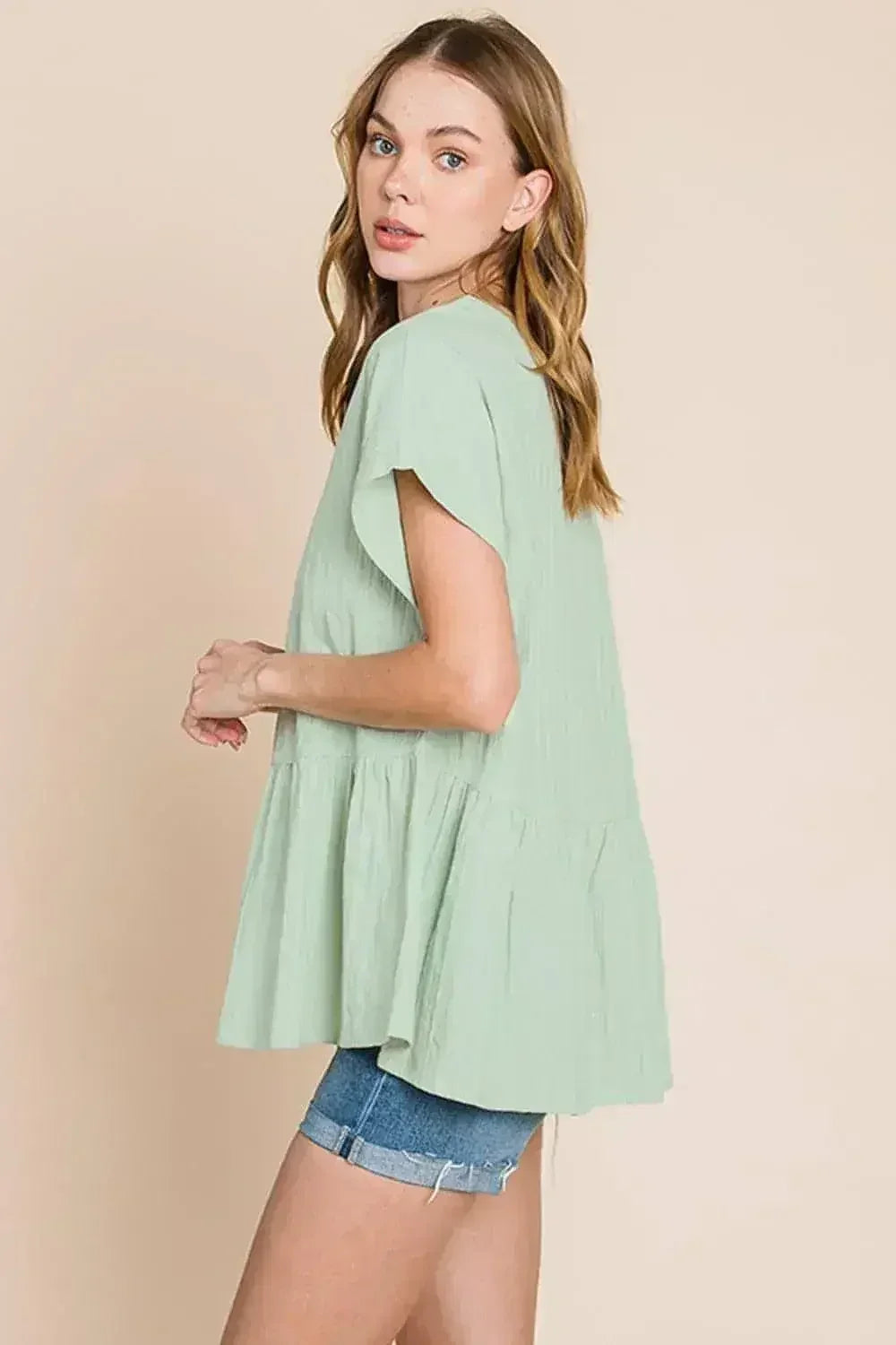 Ruched Notched Sleeve Blouse - Cotton Women's Top | Femstylo