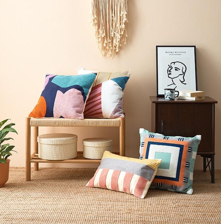 Abstract Geometric Pillow Cover Polyester Cotton Cushion Cover Soft Cozy Home Decoration For Living Room Kids Room Color Block Square Embroidered Decorative Cushion Covers for Sofa Couch 45x45cm/30x50cm