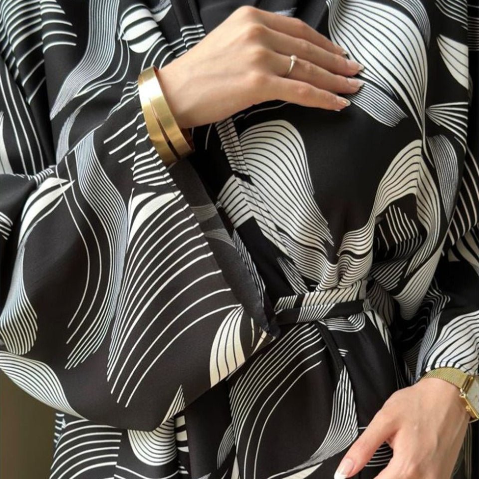 Abstract Wave Print Kimono Abaya | Oversized Open-Front Cardigan Abaya (MOA265)