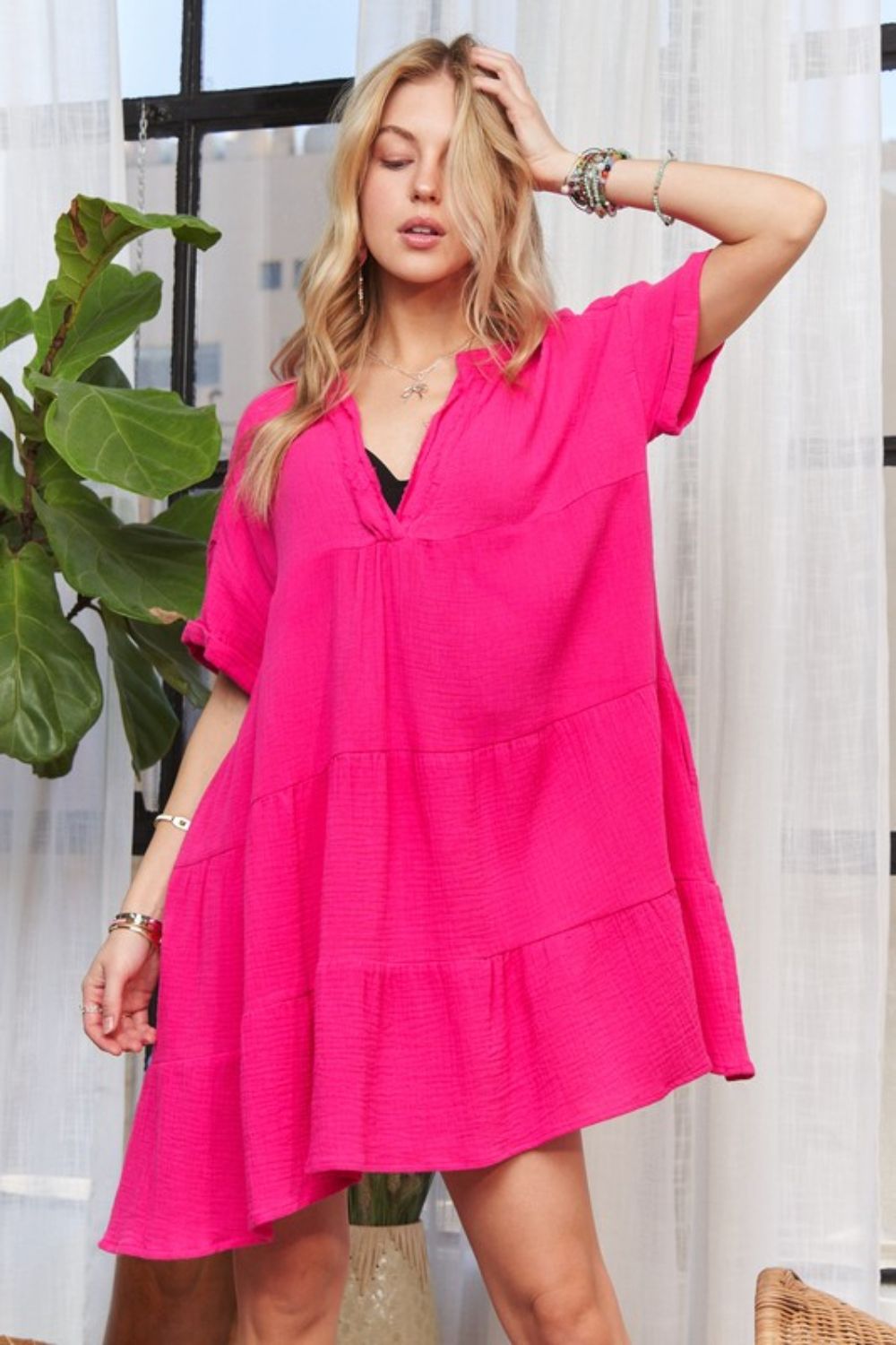 Tiered Notched Short Sleeve Dress For Summer – Versatile, Chic, Comfortable, Stylish, Must-Have for Every Occasion