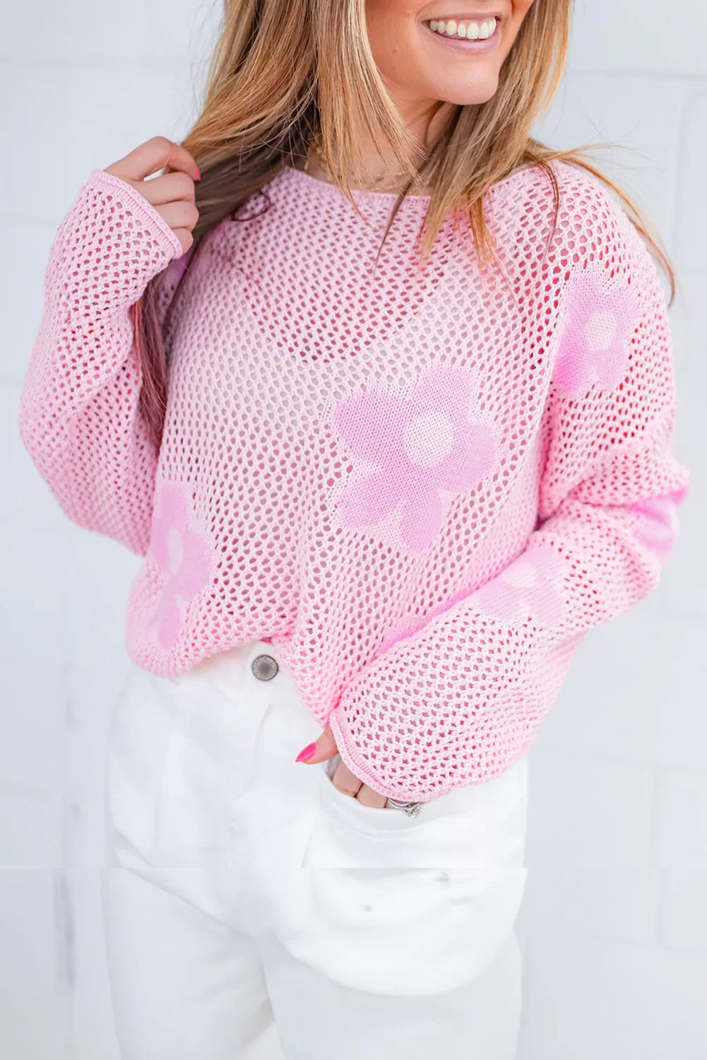 60s Flower Drop Shoulder Hollow Knit Top Light Grey -Femstylo