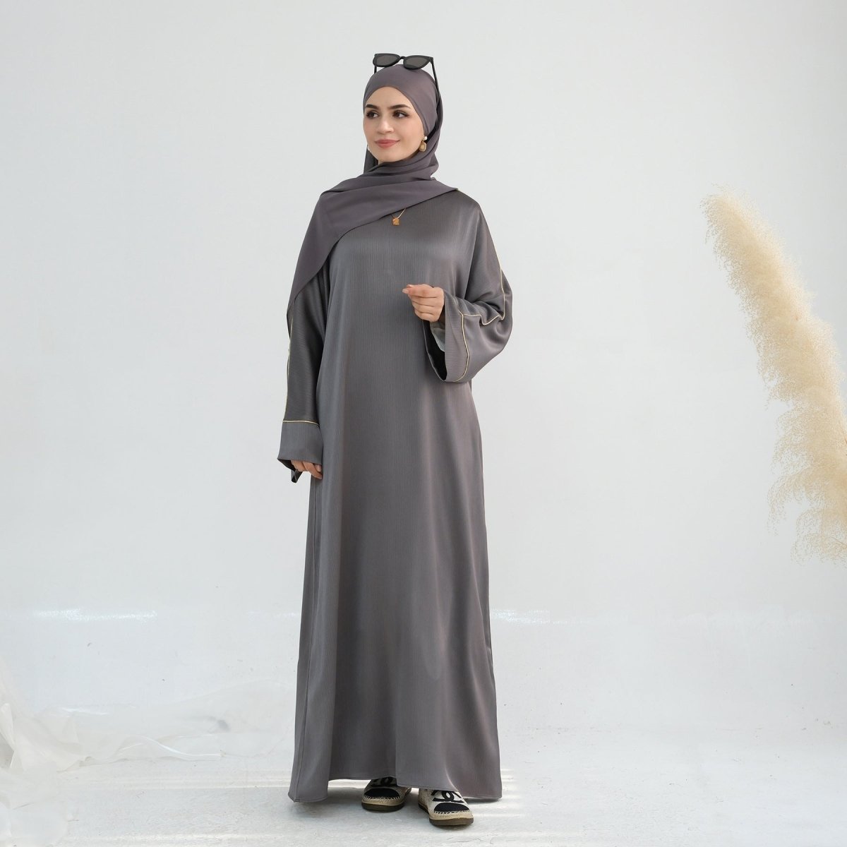 Acetate Crinkle Solid Color Round Neck Abaya Set(MA307)