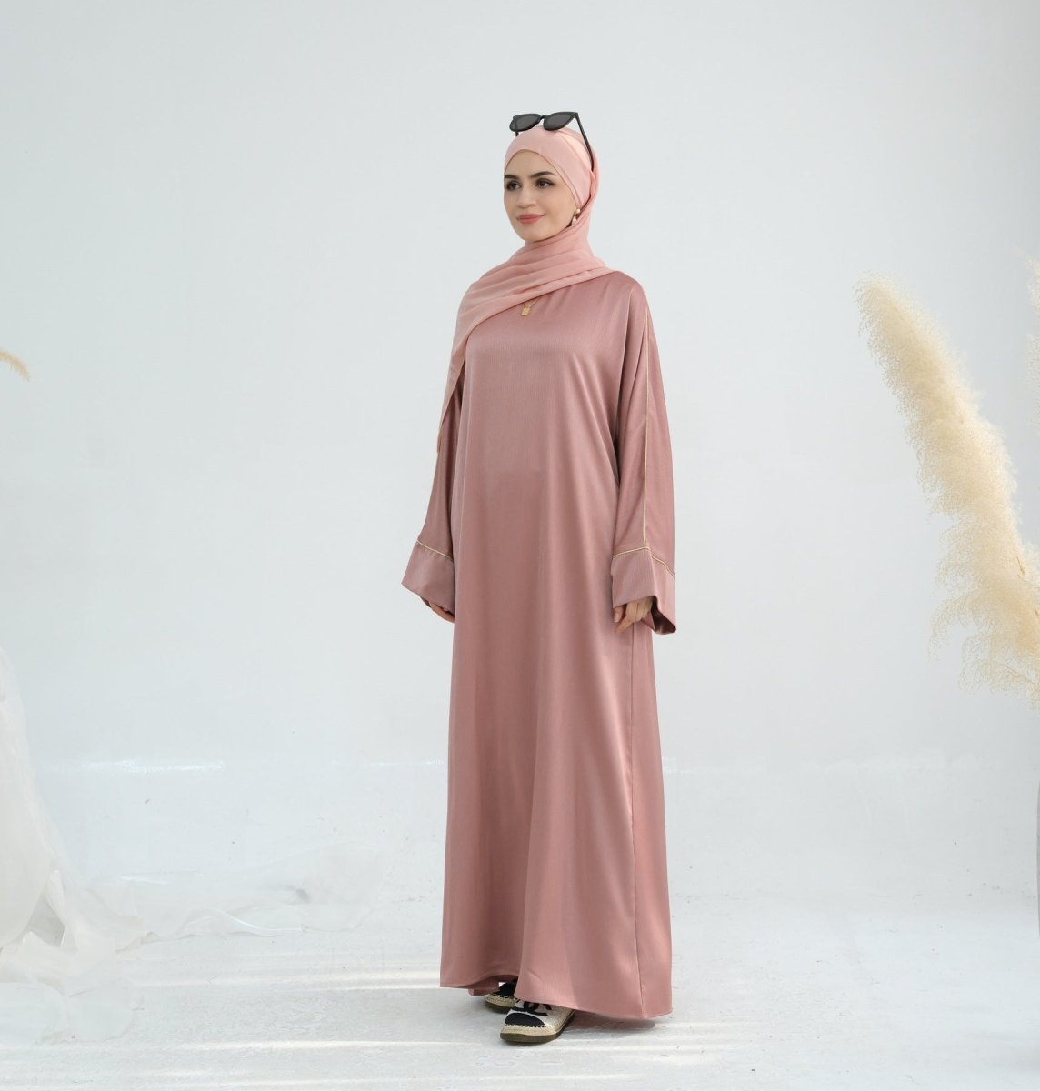 Acetate Crinkle Solid Color Round Neck Abaya Set(MA307)
