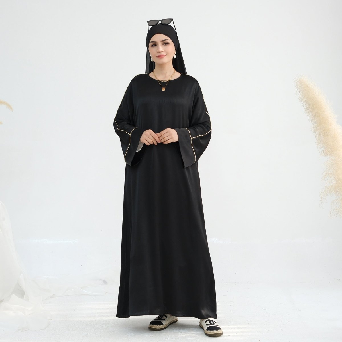 Acetate Crinkle Solid Color Round Neck Abaya Set(MA307)