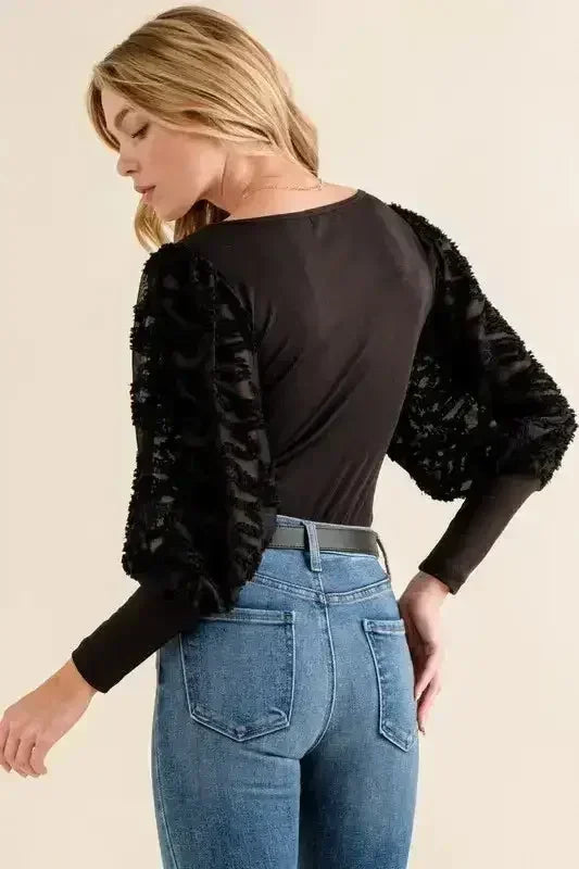 Textured Puff Sleeve Bodysuit | Lace Detail & Decorative Buttons - Femstylo