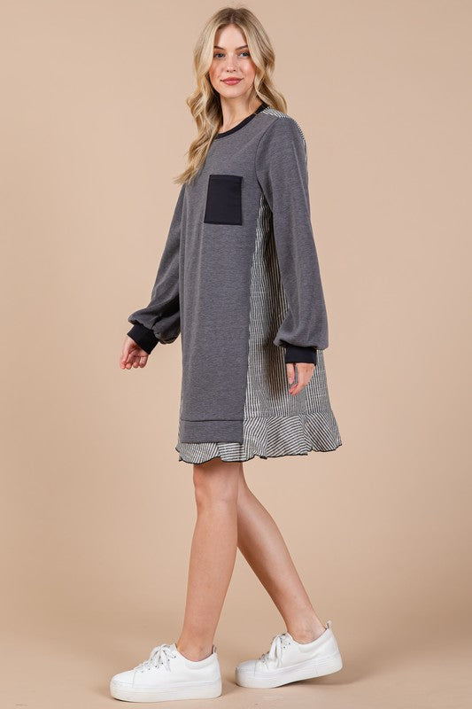 Striped Patchwork Round Neck Terry Sweatshirt Dress For Women – Casual, Trendy, Cozy, Playful, Relaxed Vibe for Everyday Wear
