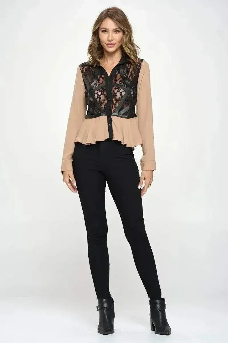 Chic Vegan Leather Peplum Blouse - Color Block Sheer Lace Top | Femstylo