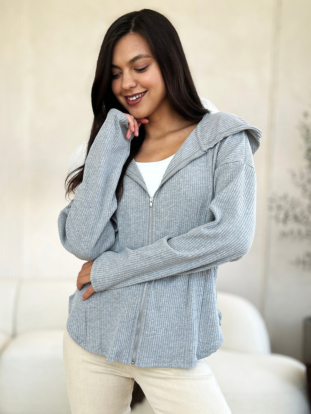 Culture Code Full Size Ribbed Zip Up Drawstring Hooded Jacket Women Trendy Jacket With Adjustable Hood For Women