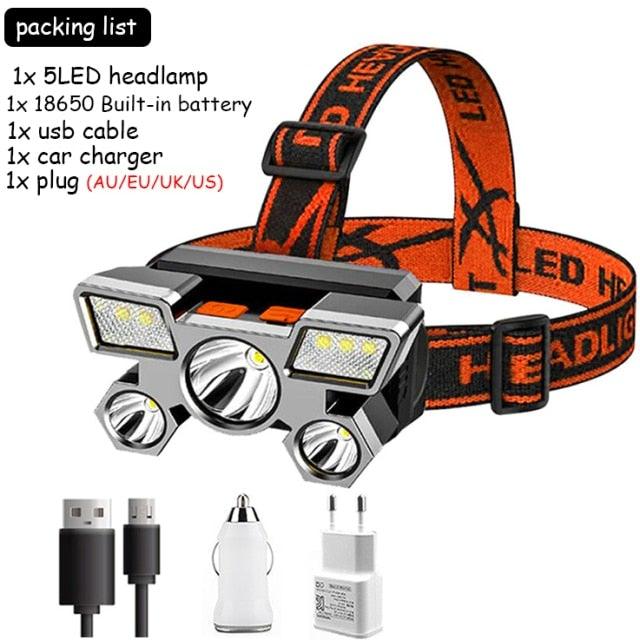 Adjustable USB Rechargeable Torch Lamp Built-in Battery 5 Led Strong Headlight Waterproof  Rechargeable Super Bright Head-Mounted Flashlight For Outdoor Night Camping