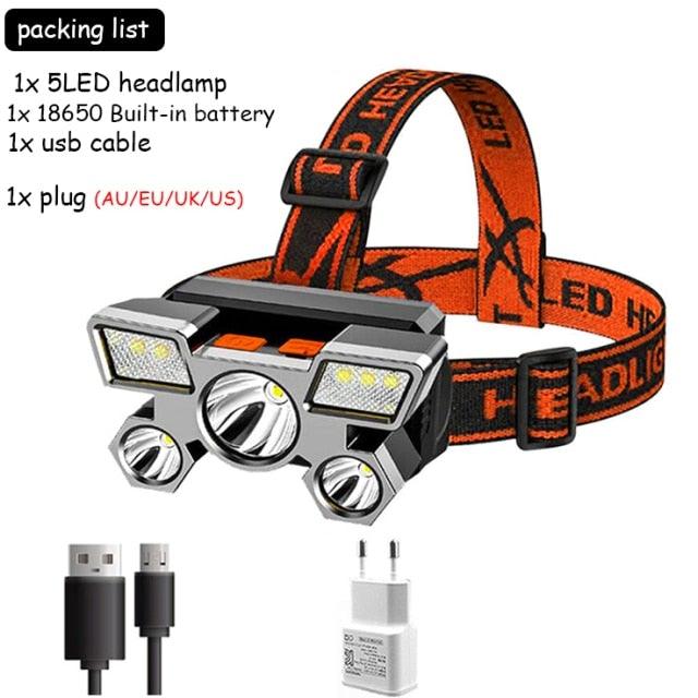 Adjustable USB Rechargeable Torch Lamp Built-in Battery 5 Led Strong Headlight Waterproof  Rechargeable Super Bright Head-Mounted Flashlight For Outdoor Night Camping