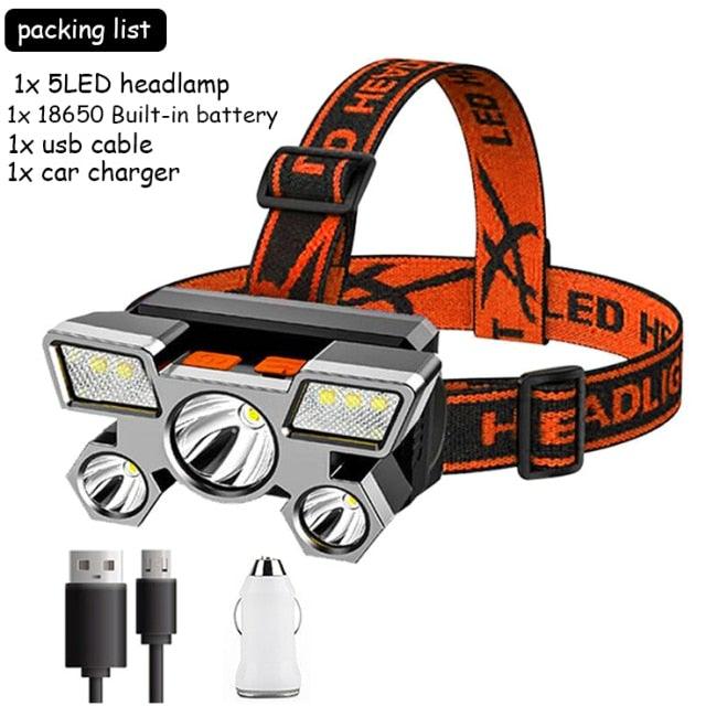 Adjustable USB Rechargeable Torch Lamp Built-in Battery 5 Led Strong Headlight Waterproof  Rechargeable Super Bright Head-Mounted Flashlight For Outdoor Night Camping