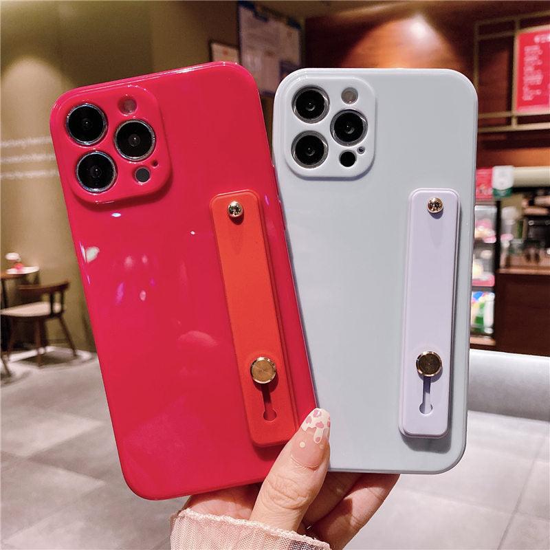Adjustable Wrist Strap Stand Holder Case with Camera Protection Cute Solid Color Silicone Phone Case Phone Case For iPhone 13 14 Pro Max 12 11 XS Max XR 7 8 Plus 13Pro Soft Silicone Candy Color Back Cover