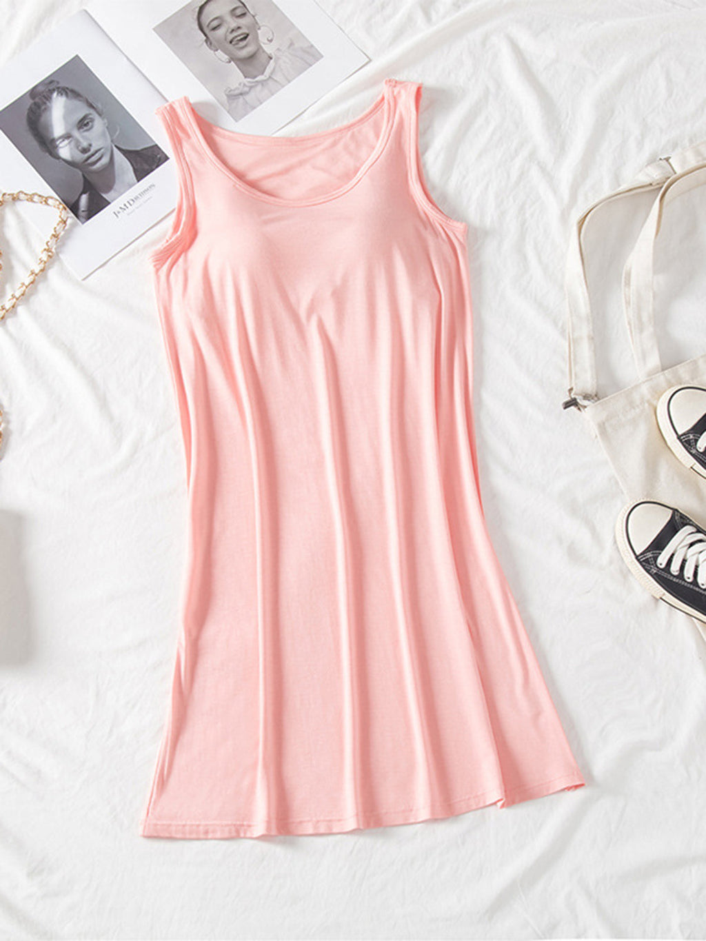Classic Round Neck Wide Strap Mini Dress With Built-In Bra Comfortable Sleeveless Dress
