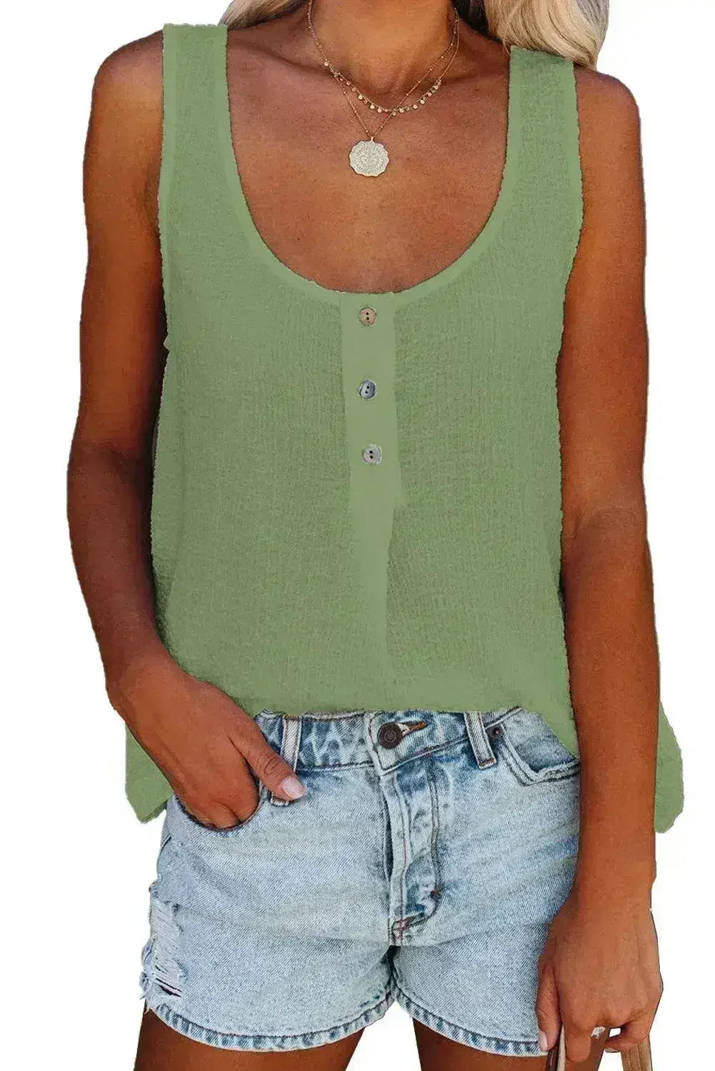 Button Textured Cotton Tank Top