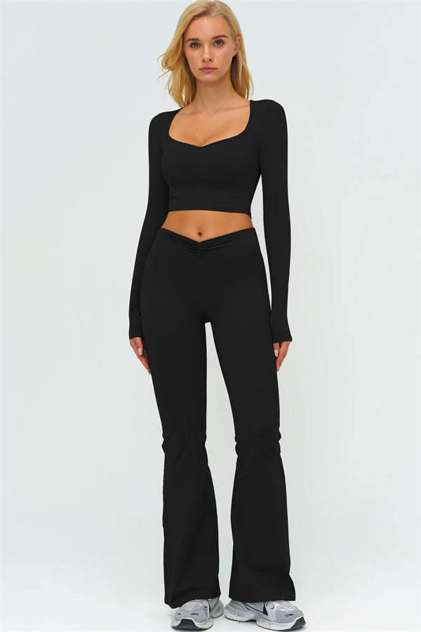 The Lushness Long Sleeve Crop Top Flared Leggings 2-Piece Set