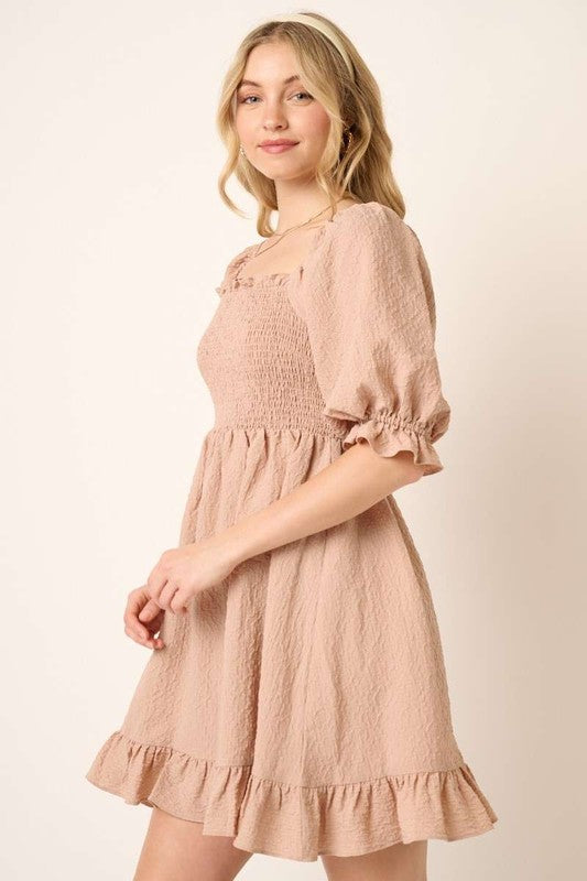 Smocked Ruffled Hem Half Sleeve Mini Dress, Cute, Elegant, Charming and Comfortable Mini Dress with Smocked Bodice and Whimsical Ruffled Hem