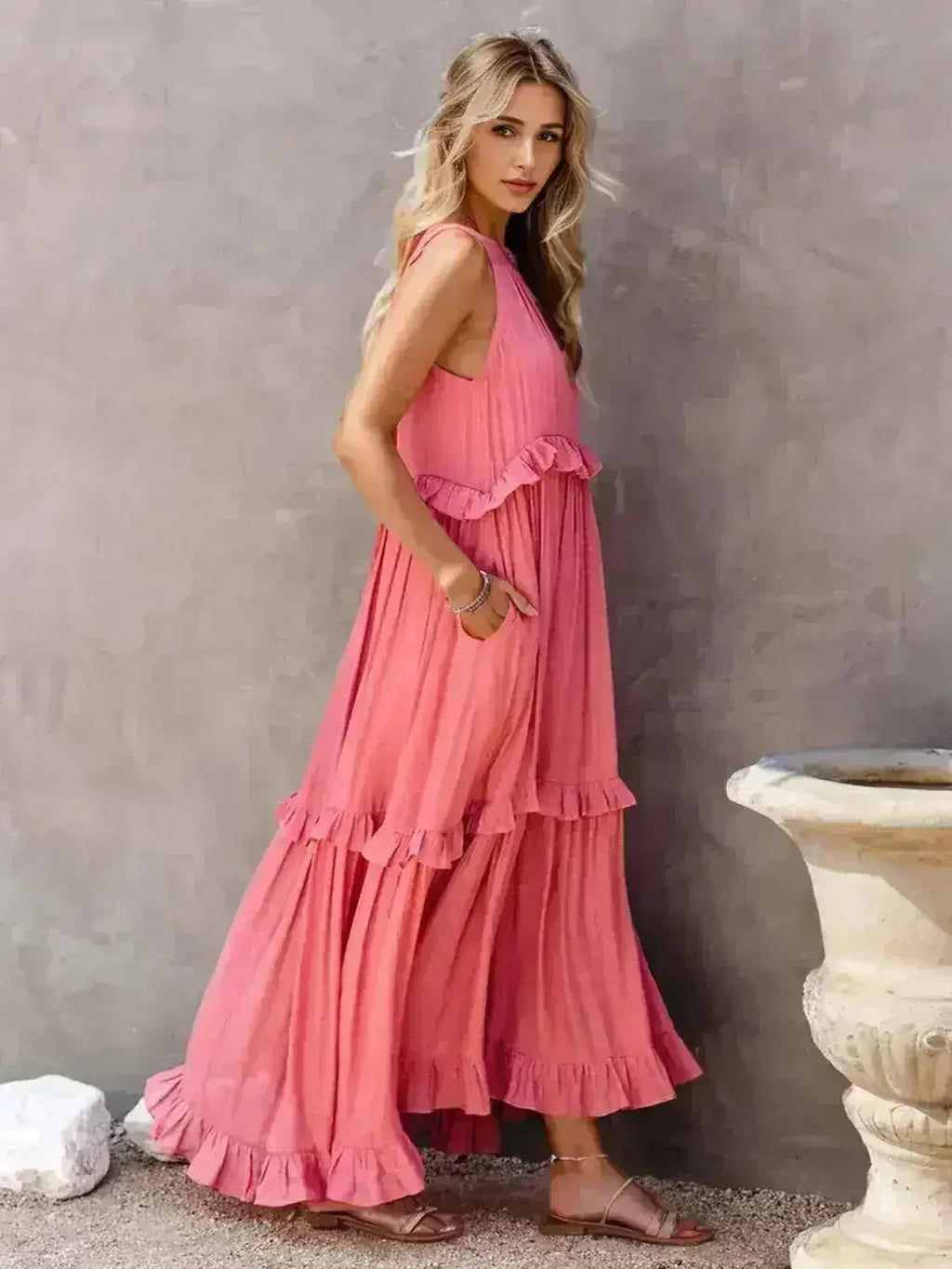 Ruffled Sleeveless Tiered Maxi Dress with Pockets
