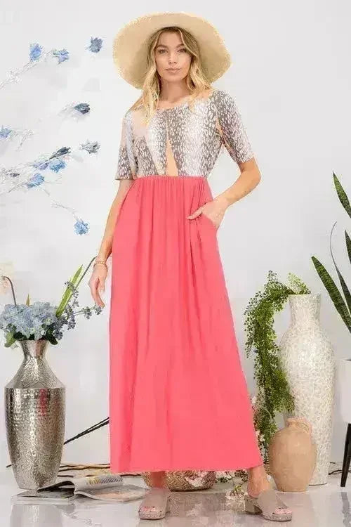Celeste Full Size Leopard Round Neck Short Sleeve Maxi Dress Plus Size