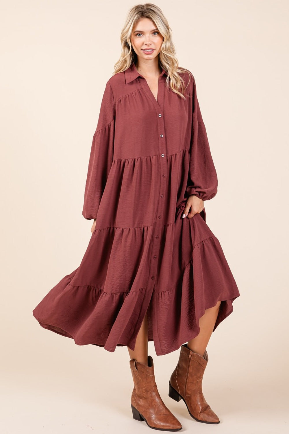 Tiered Button Down Long Sleeve Midi Dress For Women – Button Down Midi Dress, Long Sleeve Tiered Dress, Feminine Midi Dress, Button Front Dress, Elegant Long Sleeve Dress