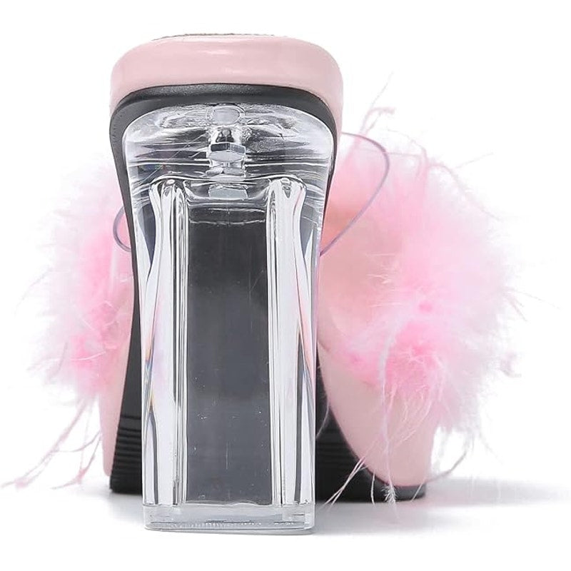 Liuruijia Womens Size 7.5 Clear Strap Pink Feather Square Toe Platform Shoes