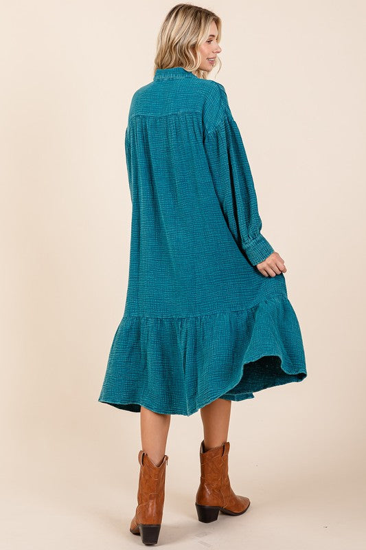 New Mineral Wash Cotton Gauze Ruffle Midi Shirt Dress For Women – Trendy, Chic, Casual & Feminine Design For Any Occasion